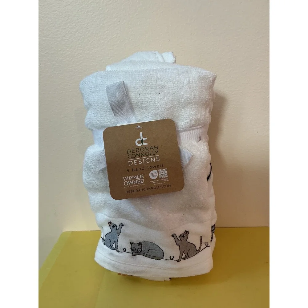 Deborah Connolly Designs 3 Hand Towels White Embroidered Cats OEKO TEX Certified